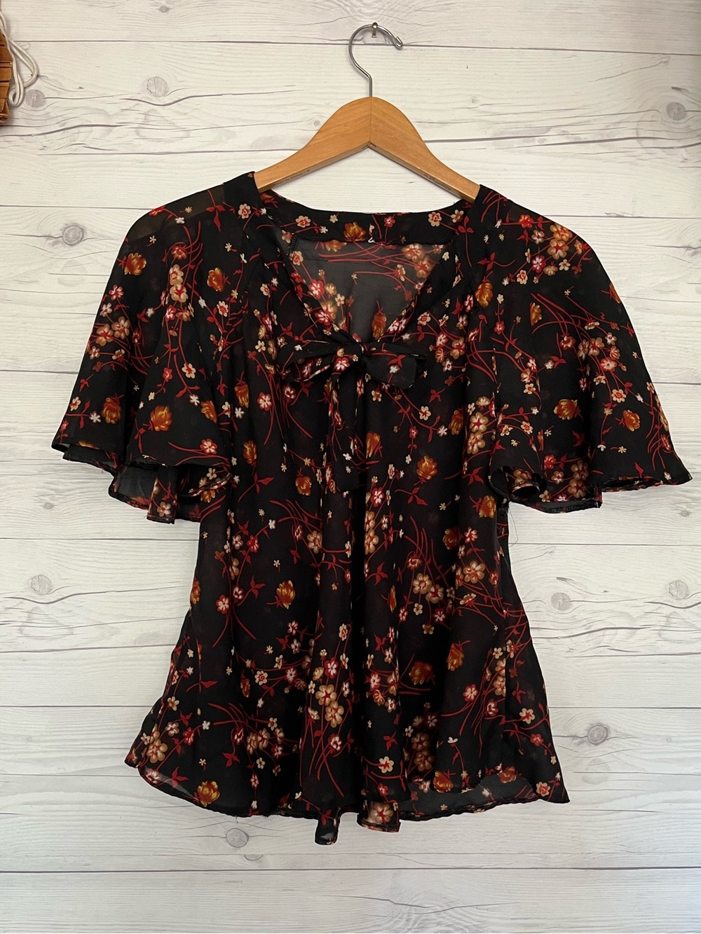 Vtg Chiffon Floral Top Blouse Flutter Short Sleeve Tie Front Semi Sheer Large